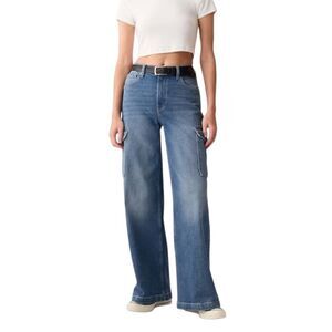 Gap High Rise Stride Wide Leg Cargo Jeans Light Wash Size 27 (4)